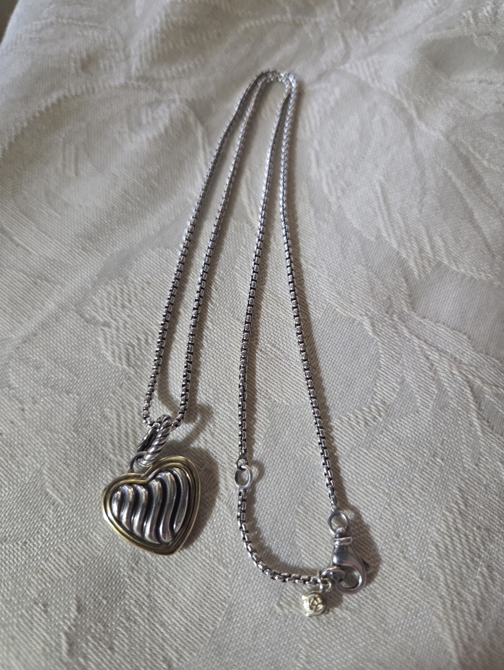 David Yurman Cable Heart Pendant on Box Chain, SS & 18k, 16 to 17 inches